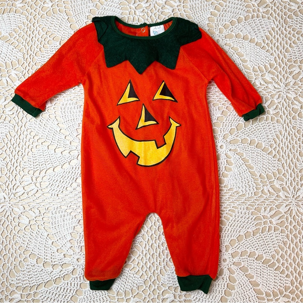 Vintage 1990s Terry Baby 0-3 Months Halloween Jack-O-Lantern Long Romper